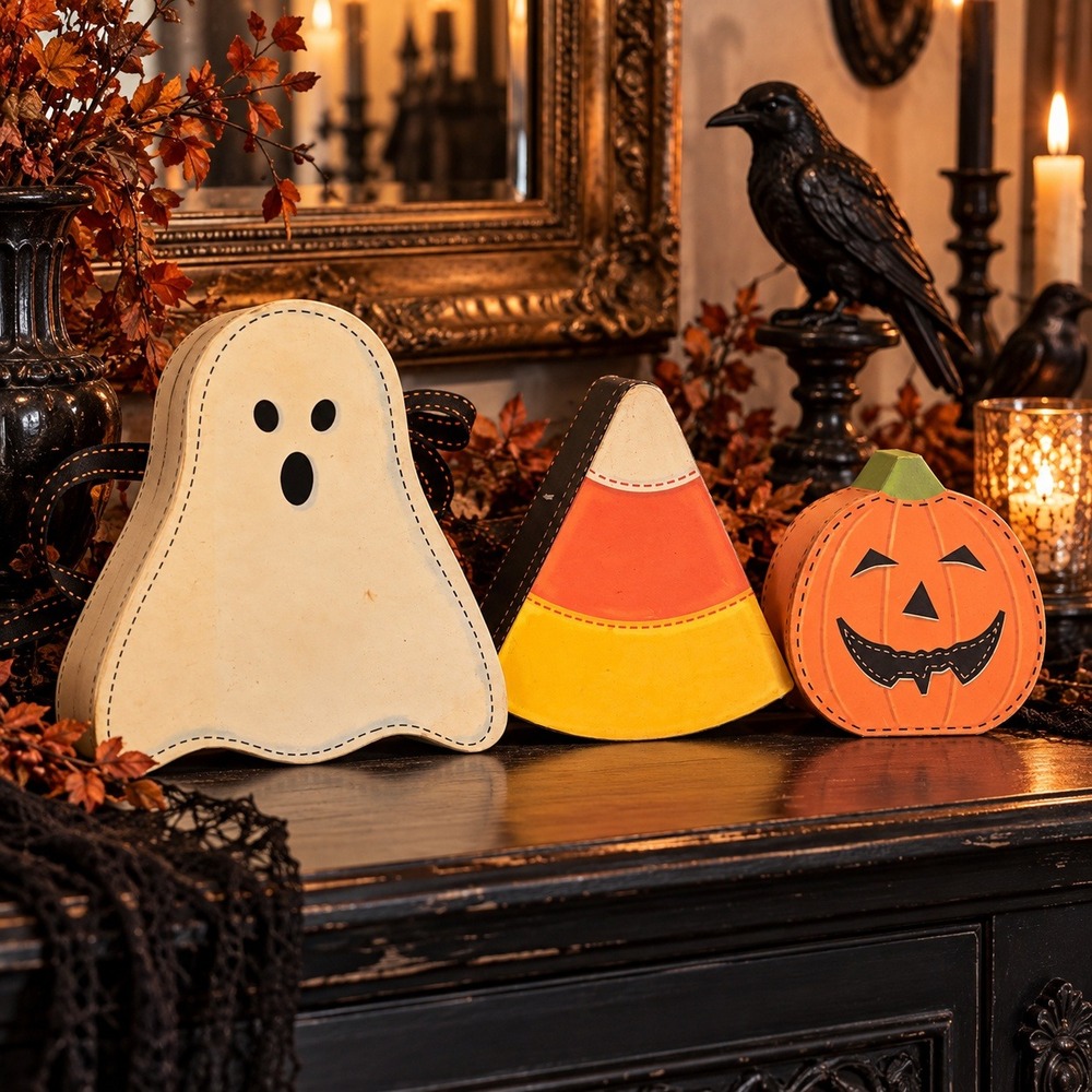 RARE Vintage Popcorn Factory Halloween Nesting Boxes Ghost Candy Corn Pumpkin